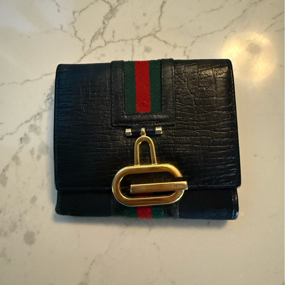 Vintage Gucci Web Stripe Leather & GG Canvas Wallet with Gold Hardware